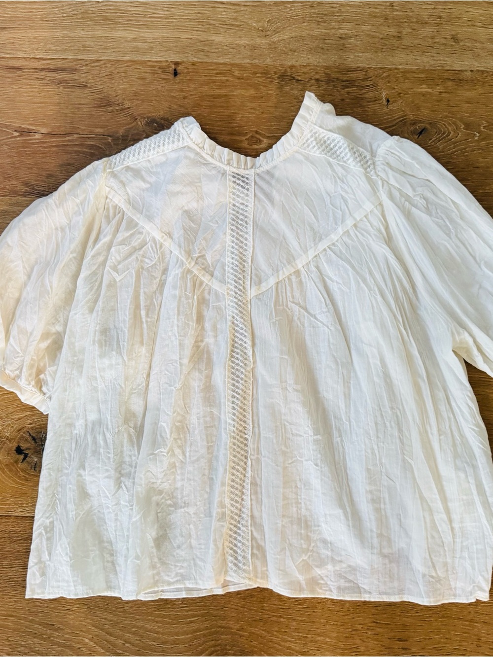 Zara Cream Puff-Sleeve Cotton Blouse with Ladder Lace Trim